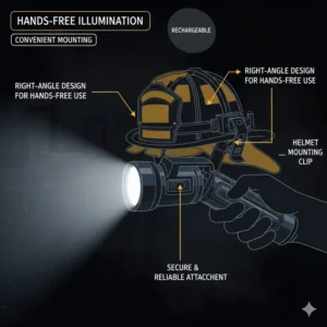 Image showing the specialized right-angle design and helmet mounting clip for hands-free use of fire department flashlights.