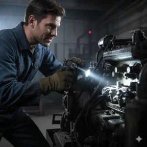 Tactical use of a bright right angle light by a mechanic inspecting an engine bay from an awkward angle.