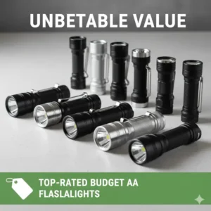 Collection of several affordable, yet best AA flashlight models lined up to show the best options for value.