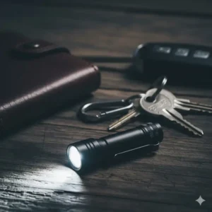 A small, compact angle flashlight attached to a keychain, highlighting its suitability for Everyday Carry (EDC) or pocket storage.