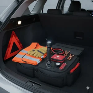 A durable 90 degree angle flashlight placed next to essential gear in a car emergency kit.