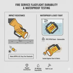 A visual demonstrating the waterproof and impact-resistant testing process for a reliable fire service flashlight.