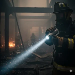 Detail of the oversized, glove-friendly power switch and mode selector on the base of tactical fire department flashlights.
