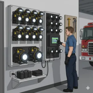 A rack or station dedicated to charging batteries and maintaining the readiness of specialized firefighting lights.