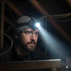 Versatile right-angle flashlight converted into a comfortable headlamp using the included headband, an excellent hands-free lighting solution.