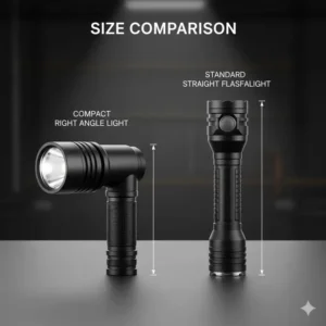 Comparison image showing a compact right angle light next to a standard straight flashlight to demonstrate the size difference.