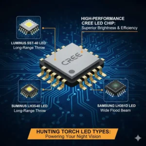 Close-up of an adjustable zoom head on a best hunting torch, showing how to switch between a wide floodlight and a focused spotlight beam.
