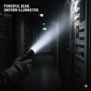 A photograph illustrating the wide and uniform beam pattern produced by a modern, high-intensity best right angle flashlight.