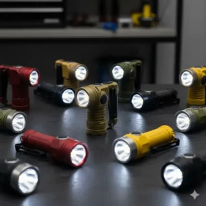 An organized display of various models and colors of angle flashlights, including different sizes and lumen outputs.