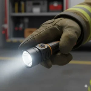 Hand holding a tactical fire fighter flashlight, emphasizing the comfortable, non-slip ergonomic grip.