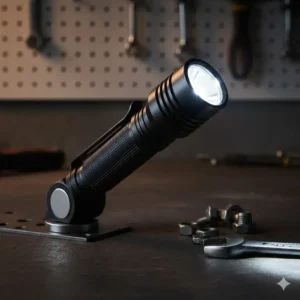 Image demonstrating the water-resistance and durable aluminum construction of the 90 degree angle flashlight.