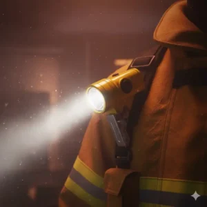 Close-up of a classic right-angle fire dept flashlight clipped securely onto a firefighter's orange or yellow turnout coat, ready for hands-free use in a dark environment.