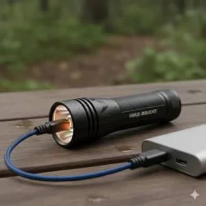 Close-up view of a high-power, rechargeable hiking flashlight being charged via its USB-C port, highlighting convenience.