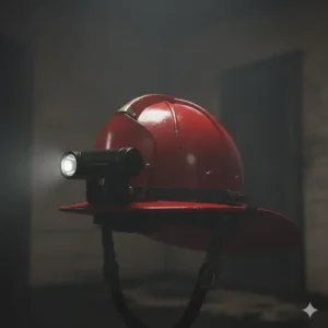 A specialized helmet-mounted fire dept flashlight attached to the brim of a red firefighter's helmet, highlighting its low-profile, hands-free design for situational awareness.