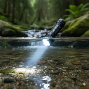 A small, lightweight, and waterproof hiking flashlight being tested in a stream, demonstrating its IPX rating for durability.