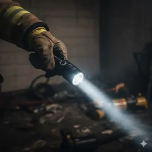 A rugged, high-lumen handheld tactical fire dept flashlight being held by a gloved hand, emphasizing the grip and tactical power for search and rescue.