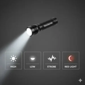 Diagram illustrating the essential lighting modes for a hiking flashlight, including high, low, red light, and emergency strobe.