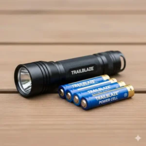 Comparing a compact hiking flashlight next to AA batteries to show its size and use of standard, reliable power sources.