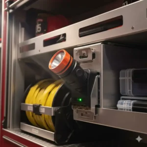 A rechargeable fire dept flashlight sitting in its charging base mounted in a fire truck compartment, illustrating reliable power and readiness for the next call.