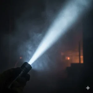 A graphic representation or photo showing the tight, focused beam of a quality fire dept flashlight successfully penetrating dense black smoke.