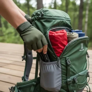 A hiker placing a durable hiking flashlight into the accessible side pocket of a backpack before setting off on the trail.
