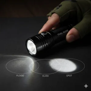 Detailed shot of the adjustable focus head of a hiking flashlight, allowing the user to switch between floodlight and spot beam.