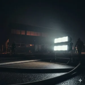 A large, portable LED scene light or lantern providing wide-area flood illumination on an emergency fire ground scene, powered by a fire dept flashlight system.