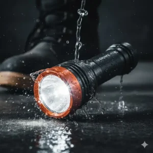 A heavy-duty, waterproof fire dept flashlight being splashed with water or visibly wet, demonstrating its robust and durable construction for extreme conditions.