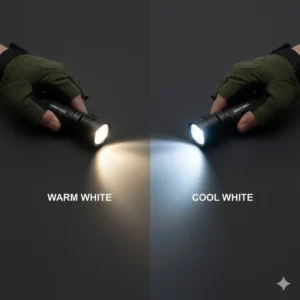 Illustration comparing the visual difference between a warm white and cool white LED beam from a versatile hiking flashlight.