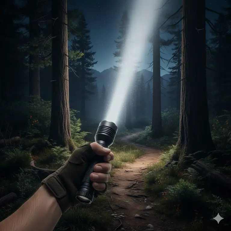 A powerful high beam flashlight being held by a user, illuminating a dark path with a long, intense, focused beam of white light, showcasing the overall product.