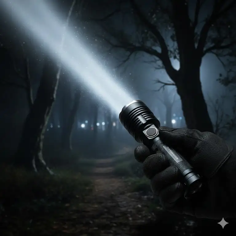 A bright, tactical LED power flashlight shining a high-lumen beam into the darkness, illustrating its long-distance capability.