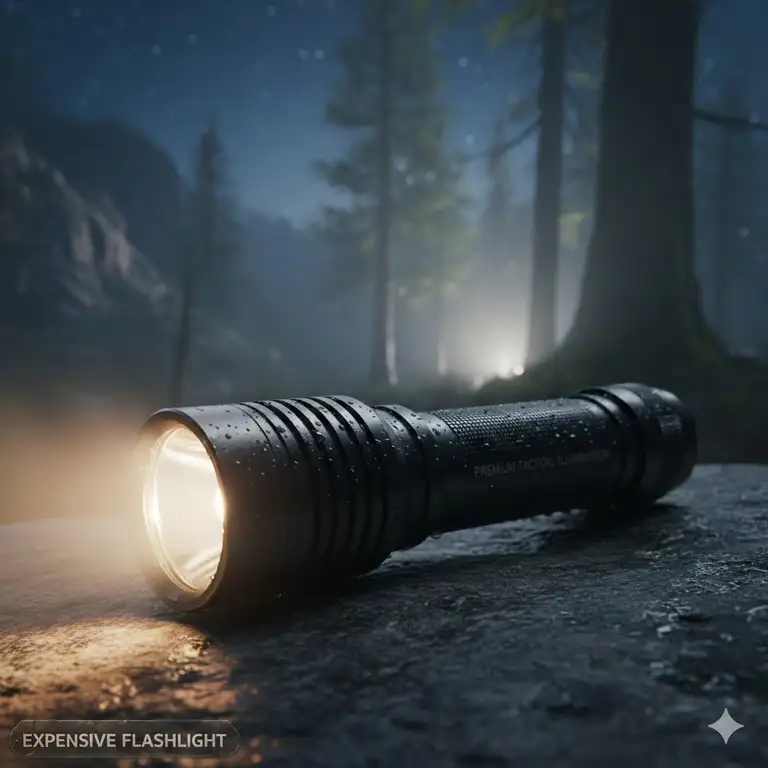 A high-quality, professional photograph of a durable, expensive flashlight with a bright LED beam and rugged metal casing, signifying its premium build and tactical use.