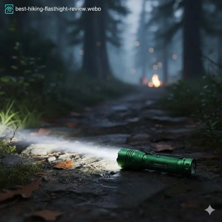 A close-up shot of the best hiking flashlight illuminating a rocky trail at night, showing its bright beam and compact size.