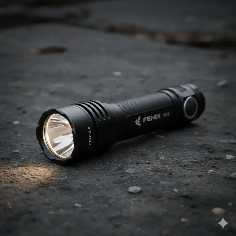 Fenix tactical flashlight PD35 V3.0 shown with its durable aluminum body, strike bezel, and dual tactical tail switch.