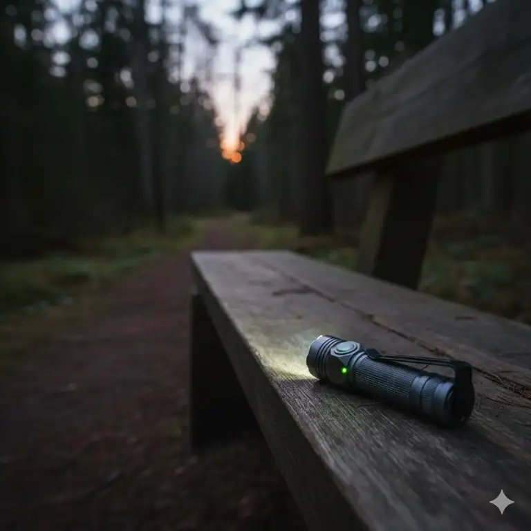 A high-quality hero shot of a small tactical flashlight with a deep pocket clip, illuminating a dark outdoor path.