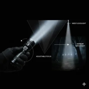 Diagram showing a power flashlight with an adjustable focus, changing the beam from a wide floodlight to a narrow spotlight.