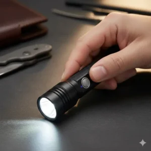 A compact model of the best edc rechargeable flashlight held comfortably for everyday carry size reference.