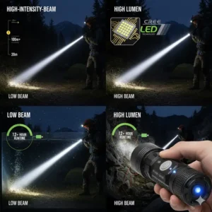 Comparison image showing the extreme beam distance and throw of a high beam flashlight versus a standard light to illustrate its power.