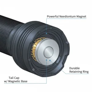Close-up diagram showing the powerful neodymium magnetic base of the best magnetic flashlight.