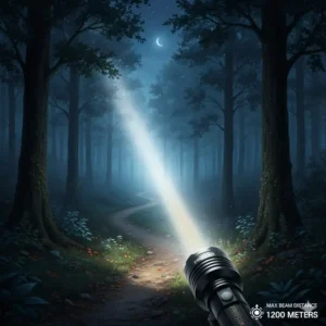 A powerful beam of a big rechargeable flashlight illuminating a long forest path at night to show its distance
