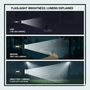 Comparison chart showing different brightness levels of a flashlight for walking at night.