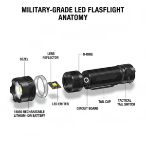 A detailed technical diagram showing the internal parts of a high-quality military led flashlight.