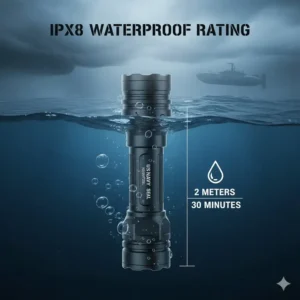 Illustration of a us navy seal flashlight submerged in water to demonstrate its waterproof rating.