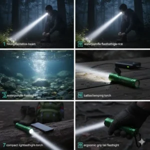 Powerful long-distance beam shot from a high-lumen best hiking flashlight cutting through the dark forest canopy.