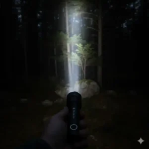 Powerful, long-distance fenix tactical flashlight beam illustrating the 1700 lumen turbo mode in the dark.