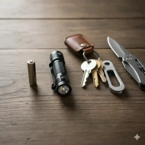 Comparing the compact size of a small tactical flashlight next to a standard AA battery and a set of everyday carry (EDC) keys.