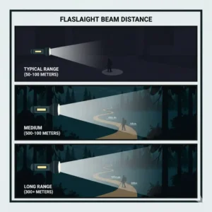 Illustration showing the long-range beam distance of a flashlight for walking at night.