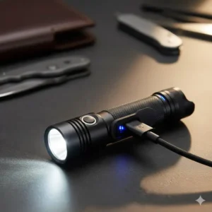 Close-up view of the USB port on the best edc rechargeable flashlight demonstrating convenient charging.