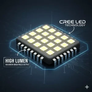 Close-up of the advanced Cree LED chip used in this high-lumen, high-powered high beam flashlight for maximum brightness.