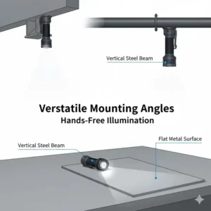 Illustration demonstrating different mounting angles for the best magnetic flashlight on various steel surfaces.